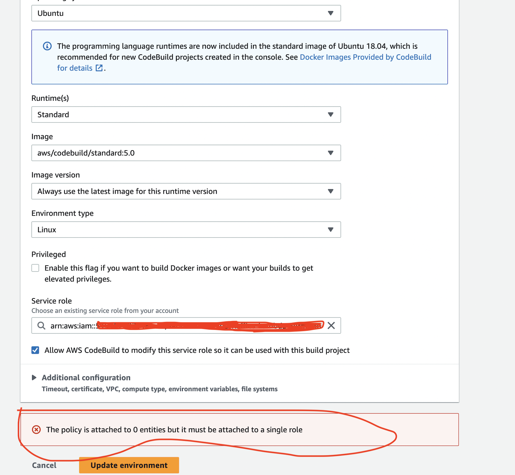 AWS CodeBuild Policy Error